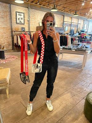 Black Clear Crossbody & Checkered Red/Black Beaded Strap