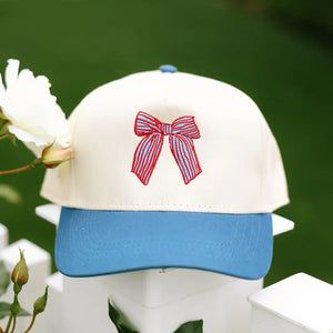 USA Striped Bow Embroidered Hat Light Blue