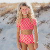 Hot Pink & Tangerine Check Ruched 2 Piece Youth Swimsuit