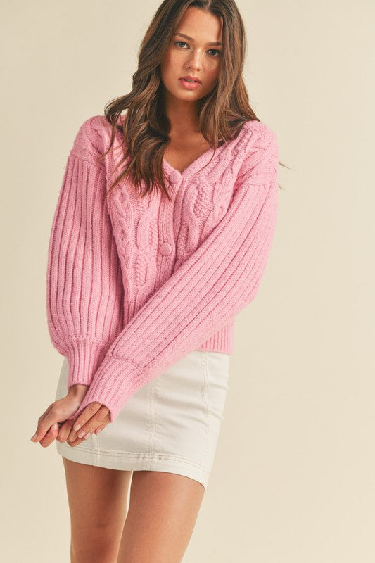 Macy Cable Knit Sweater Cardigan in Pink Lemonade