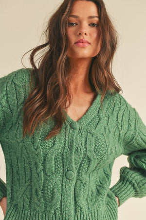 Macy Cable Knit Sweater Cardigan in Rosemary