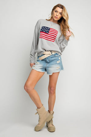 American Flag Distressed Knit Sweater in Grey