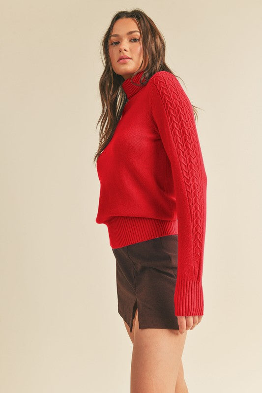 Leesa Cable Knit Turtleneck in Red