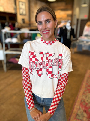 Game Day Red & White Checkered Mesh Top