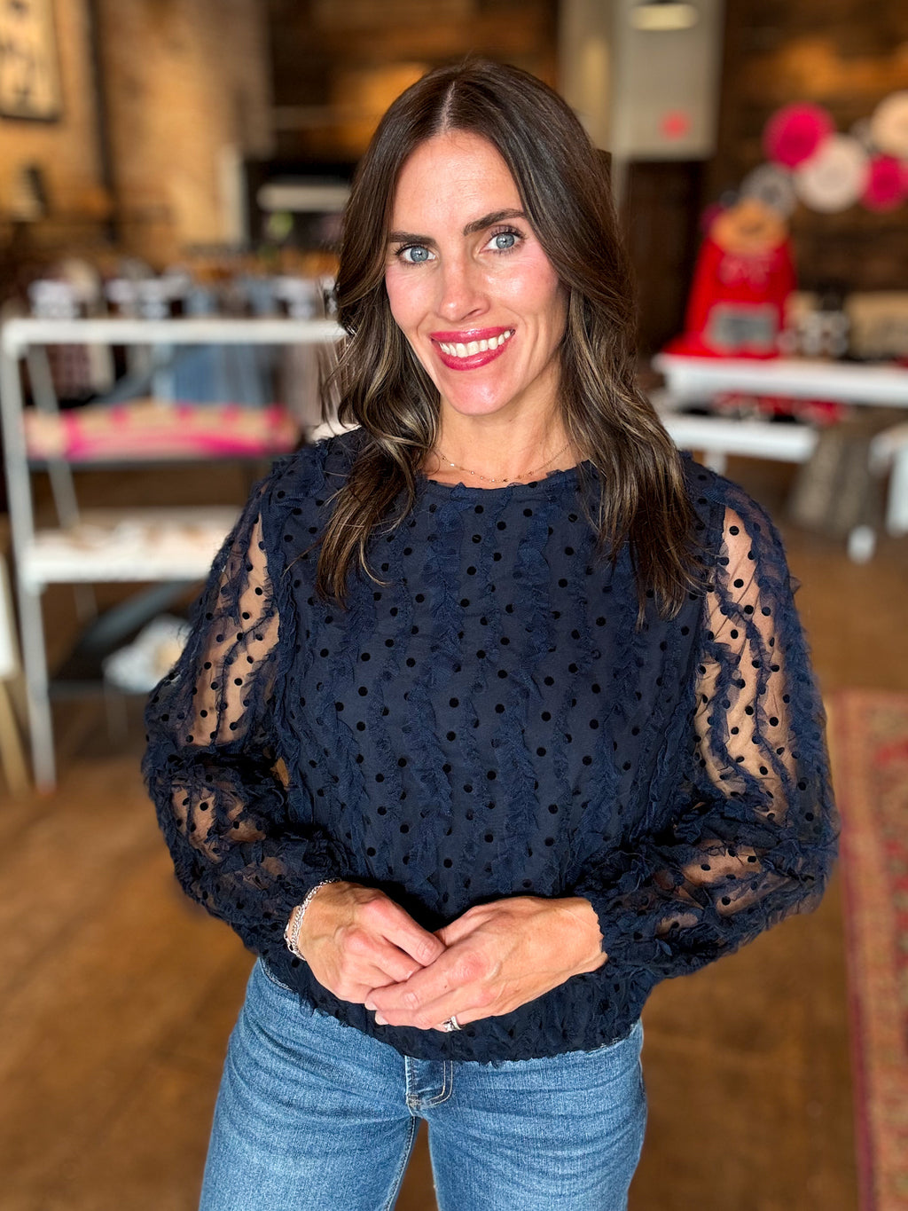 Holiday Nights Navy Mesh Sleeve Blouse