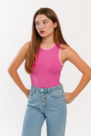 Sutton Color Block Ribbed Bodysuit in Hot Pink with Pink