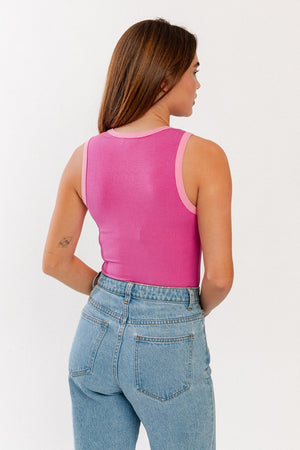 Sutton Color Block Ribbed Bodysuit in Hot Pink with Pink