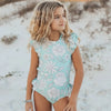 Mint Floral Open Back One Piece Ruffle Swimsuit