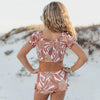 Tan Tropical Print Ruched Shirred 2 Piece Youth Swimsuit