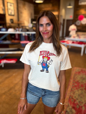 Nebraska Huskers Mascot Flag Off White Thrifted Tee