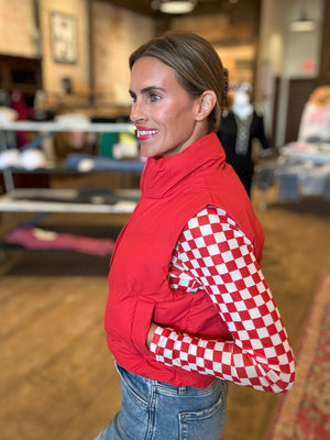 Game Day Red & White Checkered Mesh Top