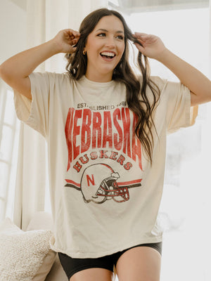 Nebraska Established Date Helmet Off White Thrifted Tee