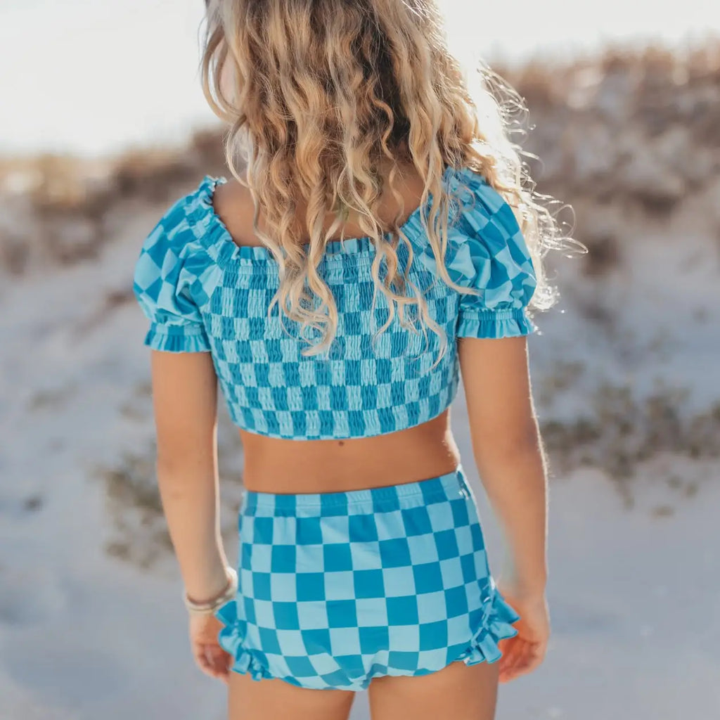 Turquoise & Blue Check Ruched 2 Piece Youth Swimsuit