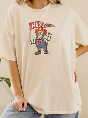 Nebraska Huskers Mascot Flag Off White Thrifted Tee