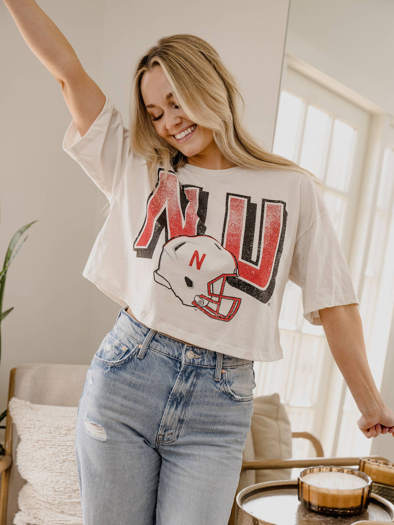 Nebraska Huskers Helmet Fade Off White Cropped Tee