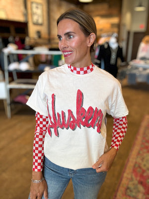 Game Day Red & White Checkered Mesh Top