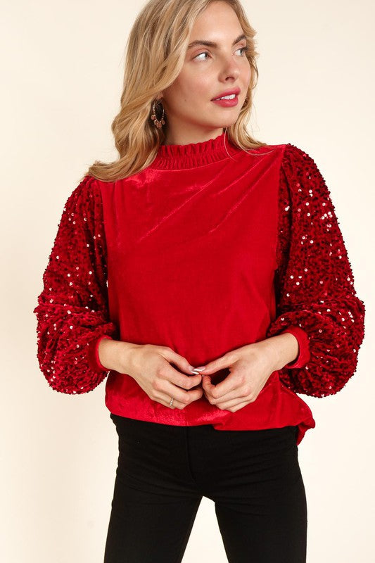Born to Sparkle Red Velvet Blouse with Sequin Sleeves