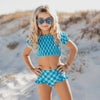 Turquoise & Blue Check Ruched 2 Piece Youth Swimsuit