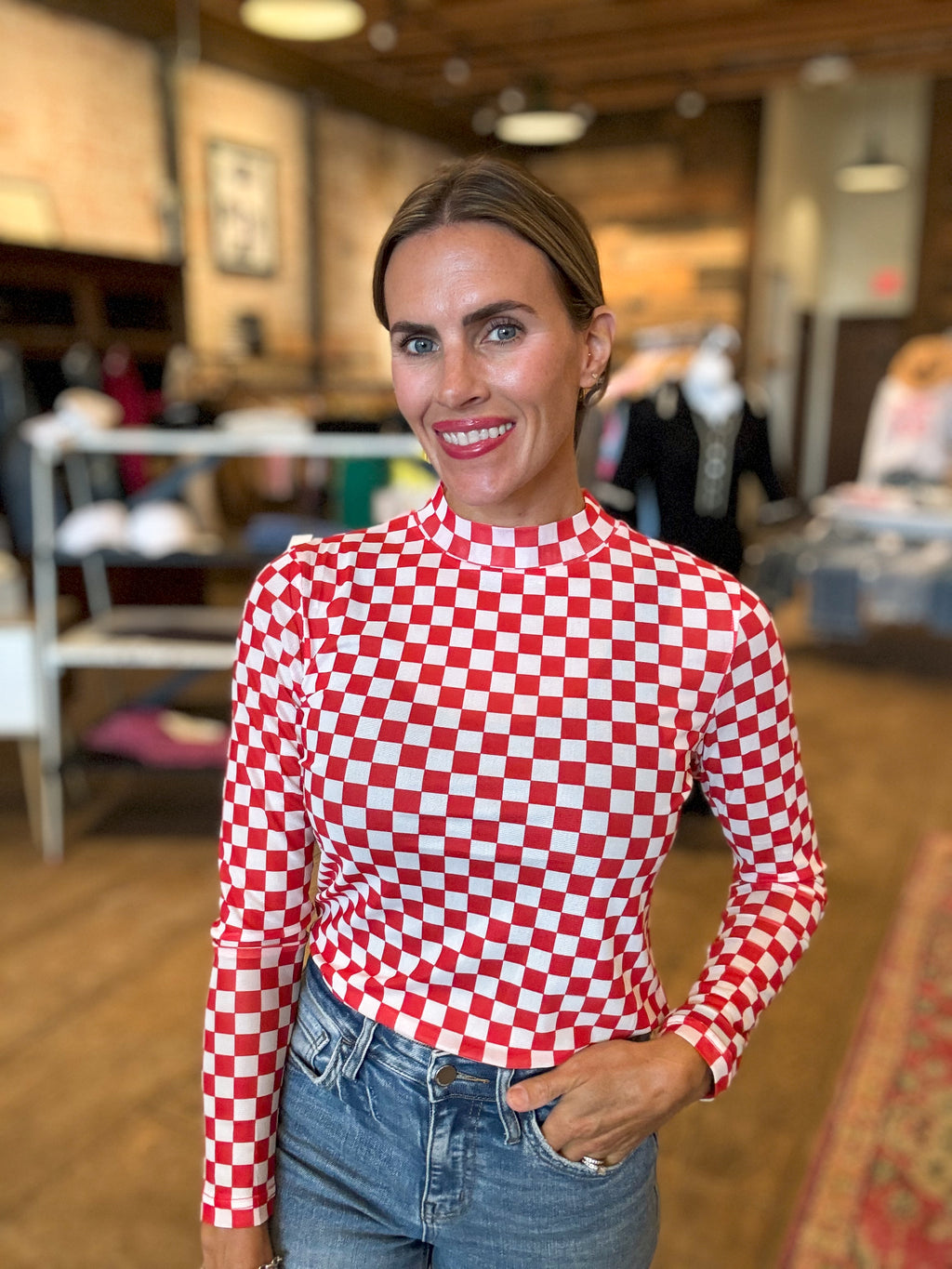 Game Day Red & White Checkered Mesh Top