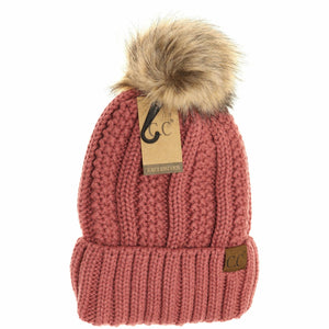 Fuzzy Lined Fur Pom CC Beanie YJ820 in Purple