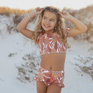 Tan Tropical Print Ruched Shirred 2 Piece Youth Swimsuit