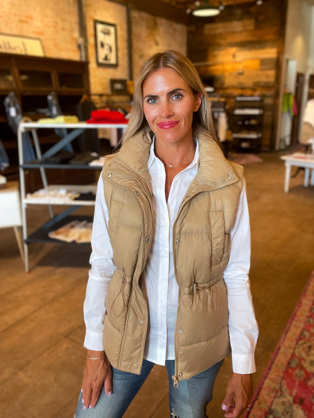 Hannah Cinch Waist Puff Vest in Tan