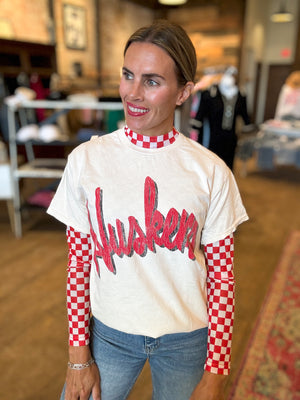 Game Day Red & White Checkered Mesh Top