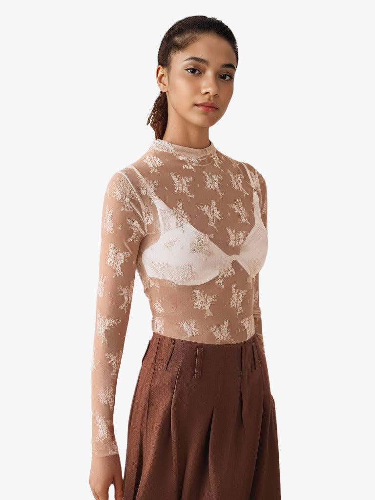 Floral Lace Long Sleeve Top in Ivory