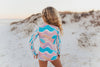 Pink Blue Surf Wave Zip Rash Guard One Piece Swimsuit