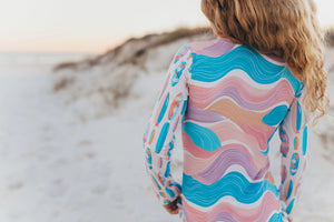 Pink Blue Surf Wave Zip Rash Guard One Piece Swimsuit