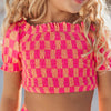 Hot Pink & Tangerine Check Ruched 2 Piece Youth Swimsuit