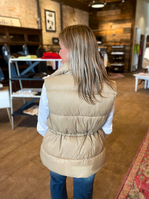 Hannah Cinch Waist Puff Vest in Tan