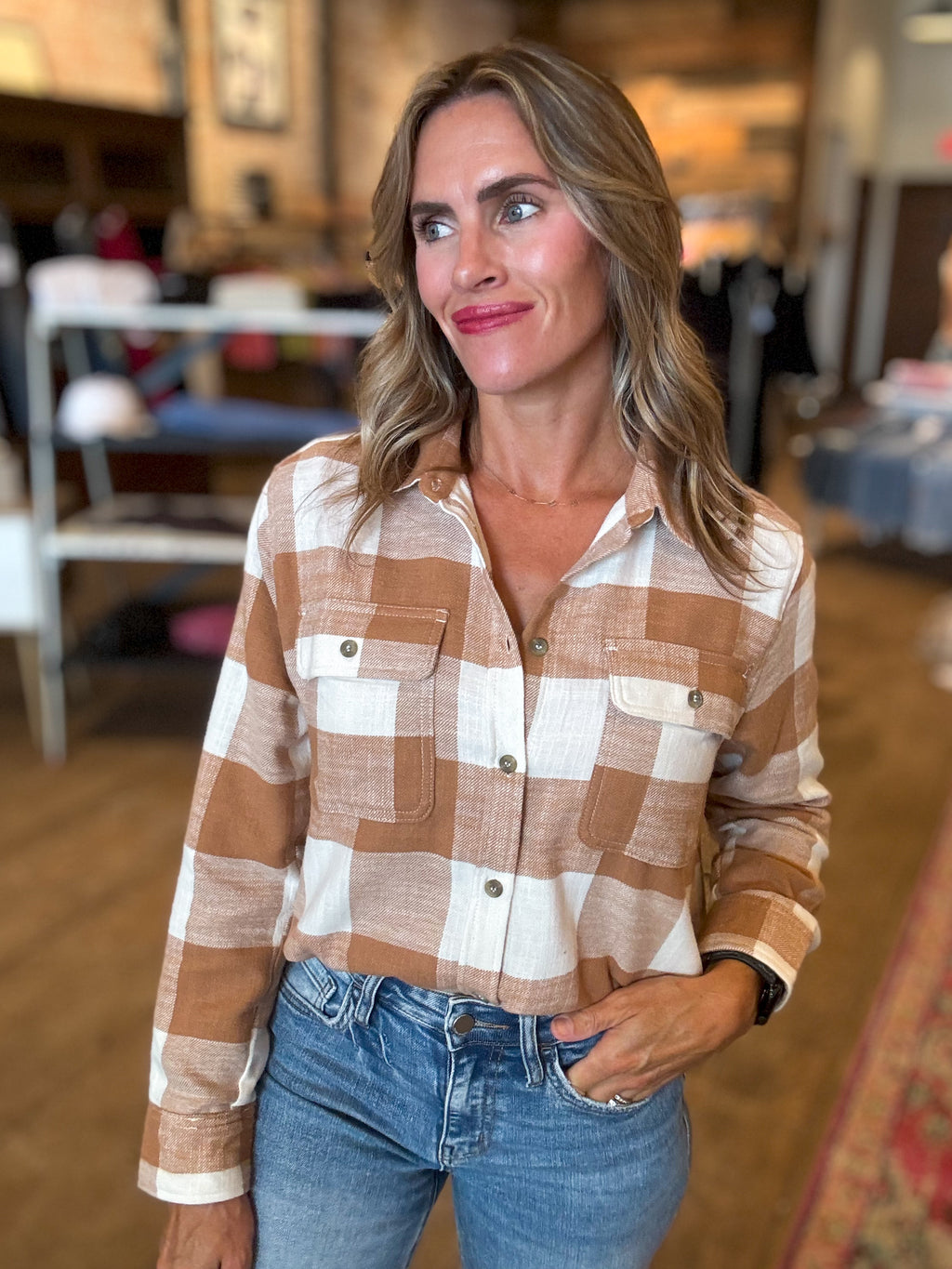 Emily Plaid Flannel in Camel