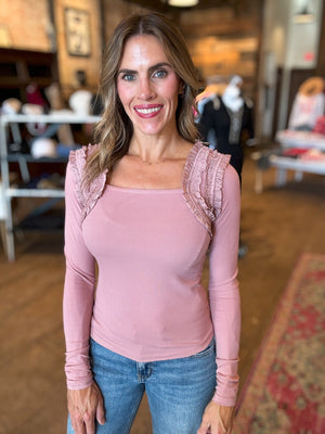 Rachel Shoulder Ruffle Accent Top in Dusty Mauve