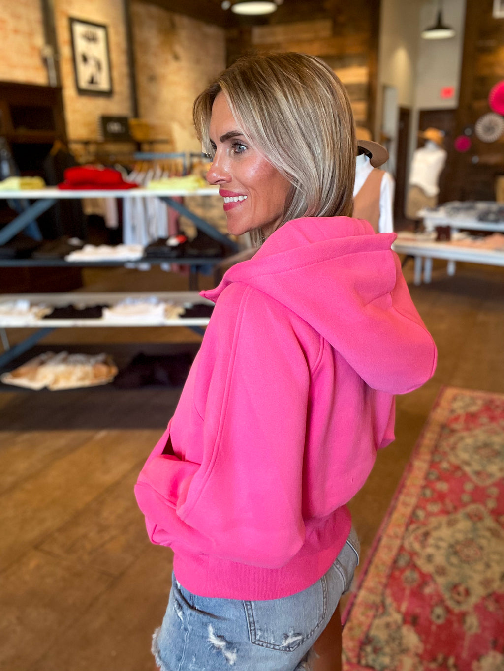 Kenna Hooded Quarter Zip Pullover in Pink