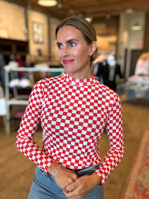 Game Day Red & White Checkered Mesh Top