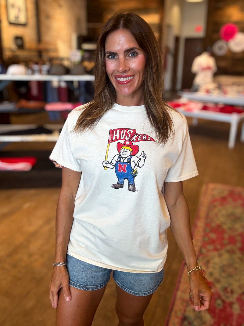 Nebraska Huskers Mascot Flag Off White Thrifted Tee