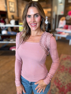 Rachel Shoulder Ruffle Accent Top in Dusty Mauve