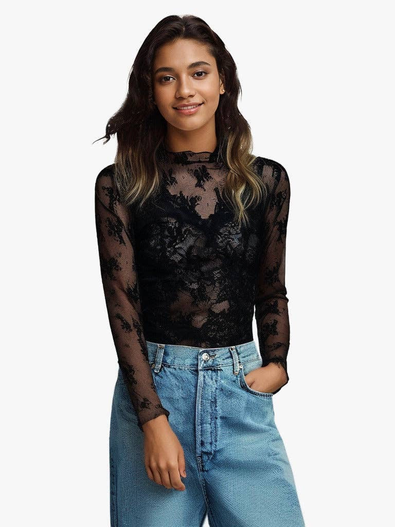 Floral Lace Long Sleeve Top in Black