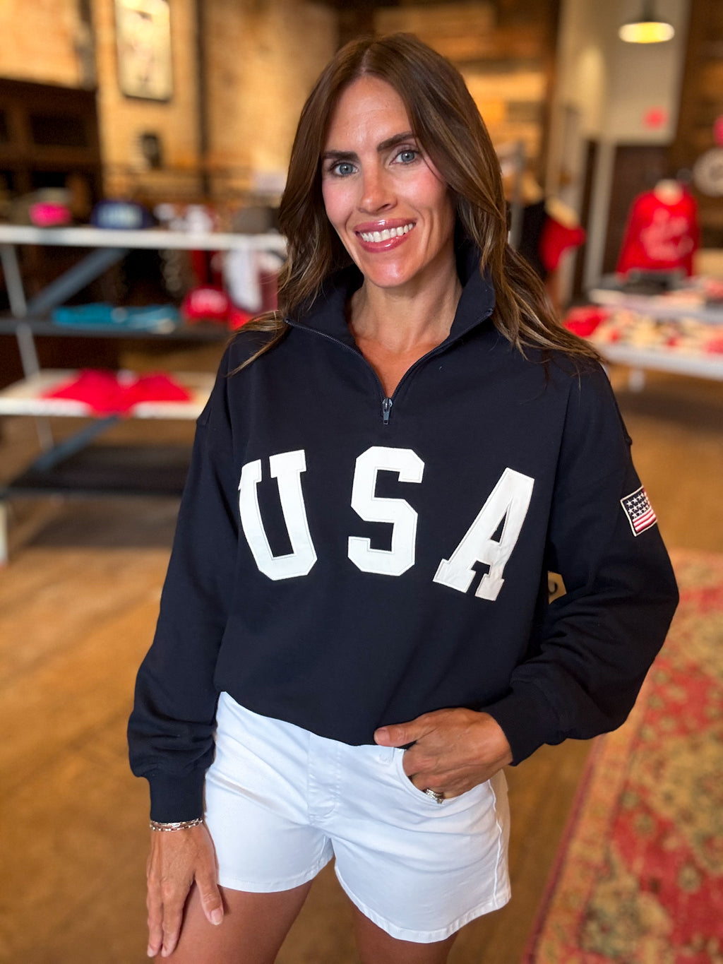 "USA" Contrast Long Sleeve Half Zip Oversized Sweatshirt
