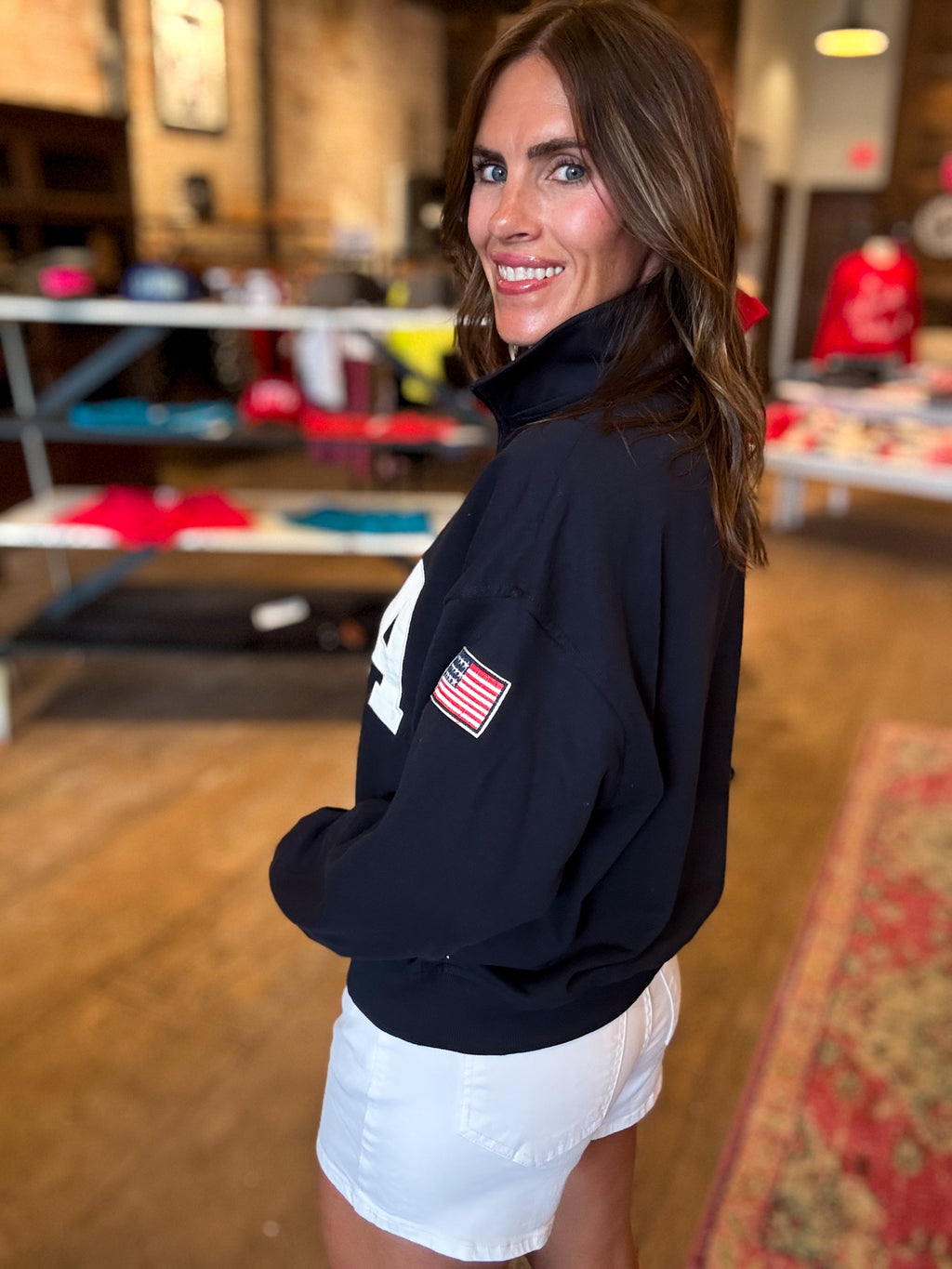"USA" Contrast Long Sleeve Half Zip Oversized Sweatshirt