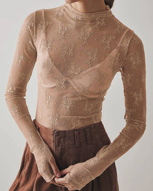 Floral Lace Long Sleeve Top in Tan