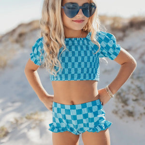 Turquoise & Blue Check Ruched 2 Piece Youth Swimsuit