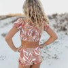 Tan Tropical Print Ruched Shirred 2 Piece Youth Swimsuit