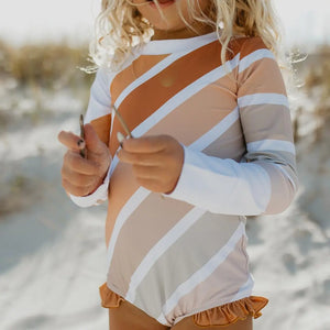 Beige Stripe Rainbow Zip Rash Guard One Piece Youth Swimsuit