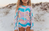 Pink Blue Surf Wave Zip Rash Guard One Piece Swimsuit