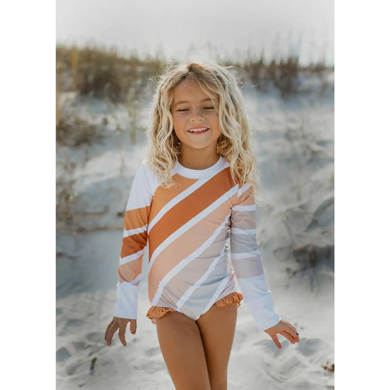 Beige Stripe Rainbow Zip Rash Guard One Piece Youth Swimsuit