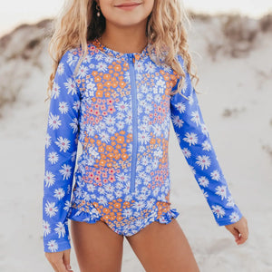 Periwinkle Daisy Zip Rash Guard One Piece Youth Swimsuit