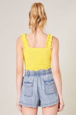 High Roller Ruffle Strap Ribbed Tank in Yellow