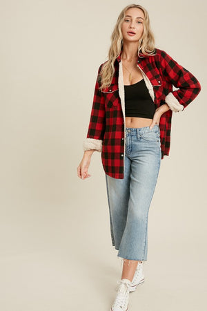 Getting Warmer Plaid Sherpa-Lined Shacket in Red